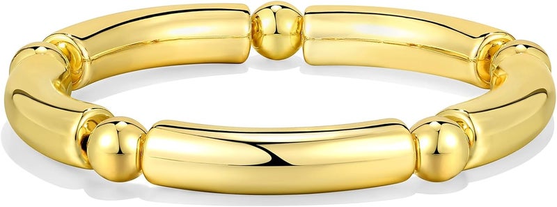 Badu Gold Chunky Bangles Bracelets For Women 14k Gold Plated Stack Layered Curved Bamboo Tube Stretch Bracelets Gift Jewelry - Image 1